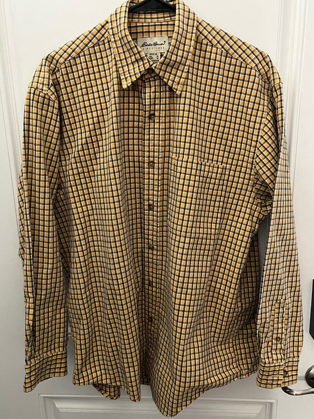 Vintage Eddie Bauer Yellow Plaid Heavyweight Workwear Oxford Shirt Men's Medium